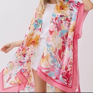 1102.  Floral Watercolor Kimono Wrap - Pink Multicolor
